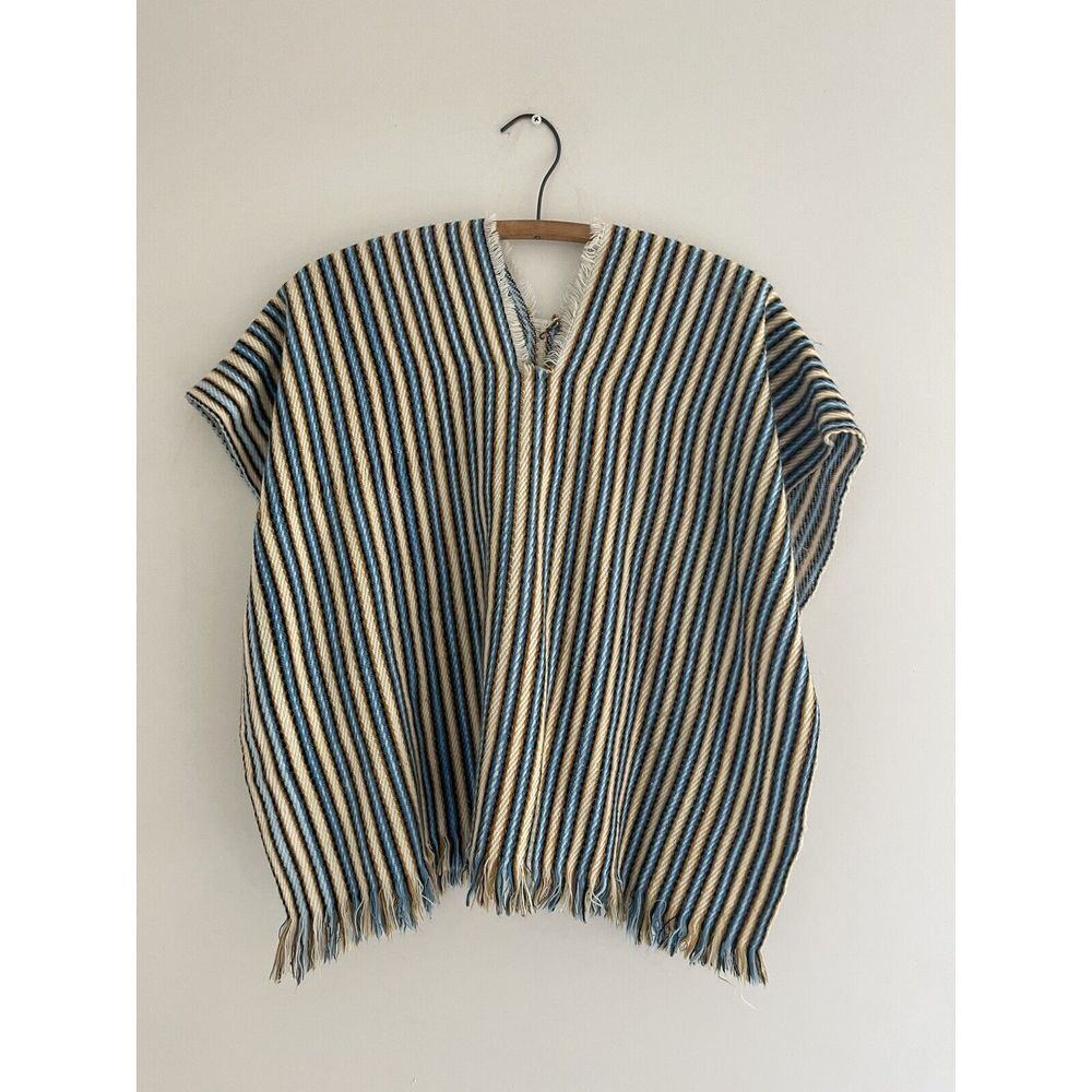 Vintage‎ Mexican Kids Serape Pancho Blue Gold Stripe Open Sides Slip On 22"x 25"